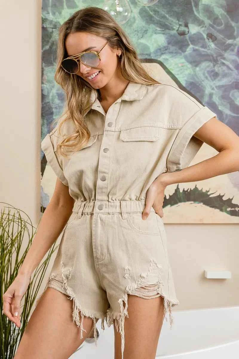 BiBi Distressed Detail Washed Elastic Waistband Romper