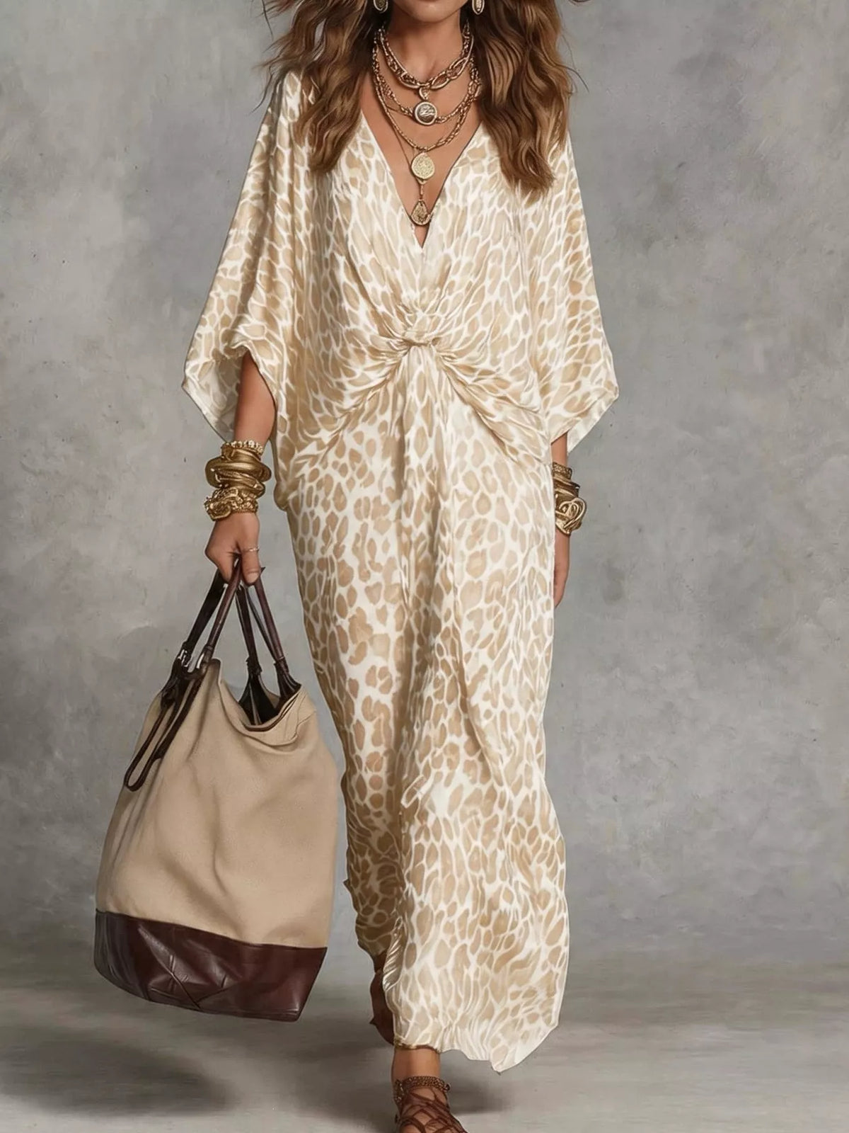 Leopard Print V-Neck Maxi Dress with Twist Detail in Beige