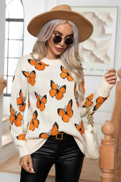 Butterfly Round Neck Long Sleeve Sweater — Livostyle