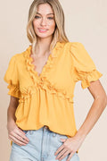 Solid Ruffled Deep V-Neck Puff Sleeve Babydoll Top — Livostyle