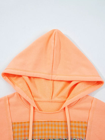 Plaid Floral Patchwork Kangaroo Pocket Hoodie closeup — Livostyle