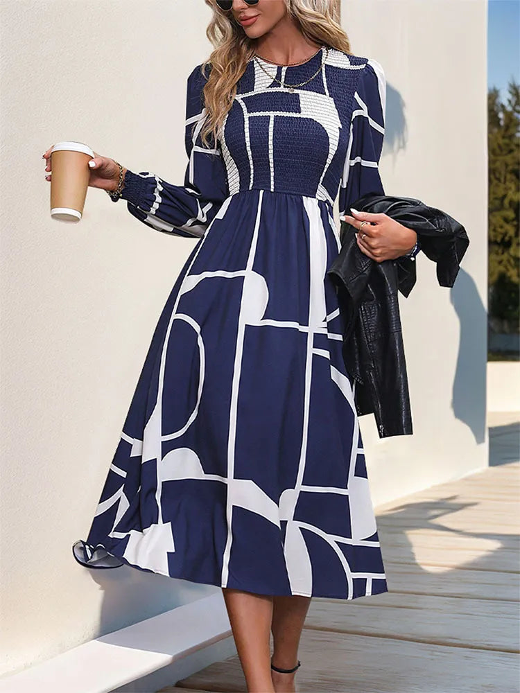 Smocked Color Block Long Sleeve Midi Dress in Dark Navy