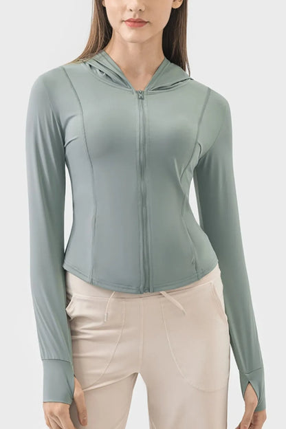 Pocketed Zip Up Hooded Long Sleeve Active Outerwear — Livostyle
