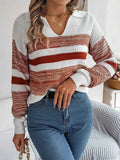 Striped Collared Neck Long Sleeve Sweater — Livostyle
