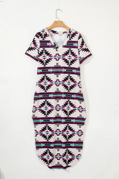 Aztec Print V-Neck Midi Dress with Split Hem – photo 7