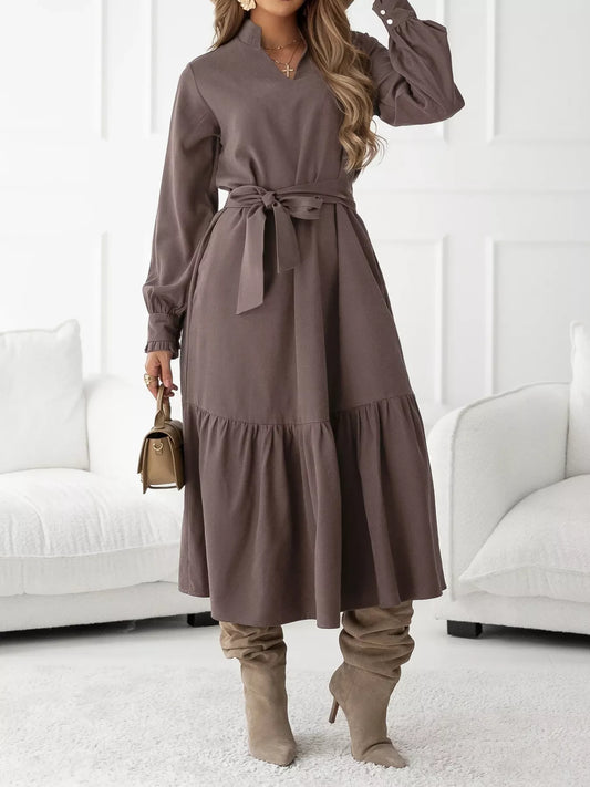 Long Sleeve Tie Waist Ruffle Hem Midi Dress in Coffee Brown