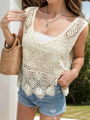 Cutout Wide Strap Sheer Cotton Cover-Up Top in Cream