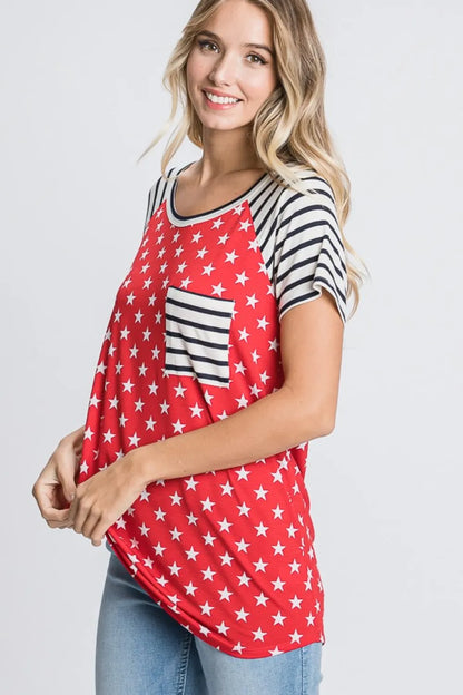 Full Size Star & Striped Round Neck Short Sleeve T-Shirt Plus Size back view — Livostyle
