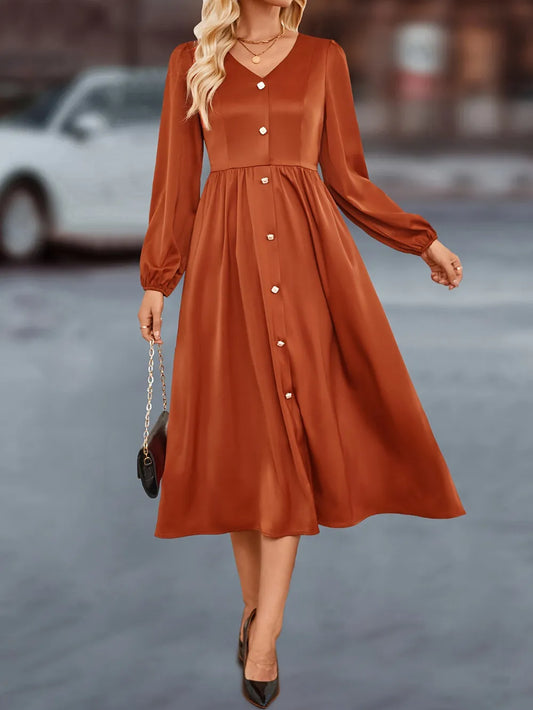 V-Neck Balloon Sleeve Midi Dress with Buttons in Terracotta