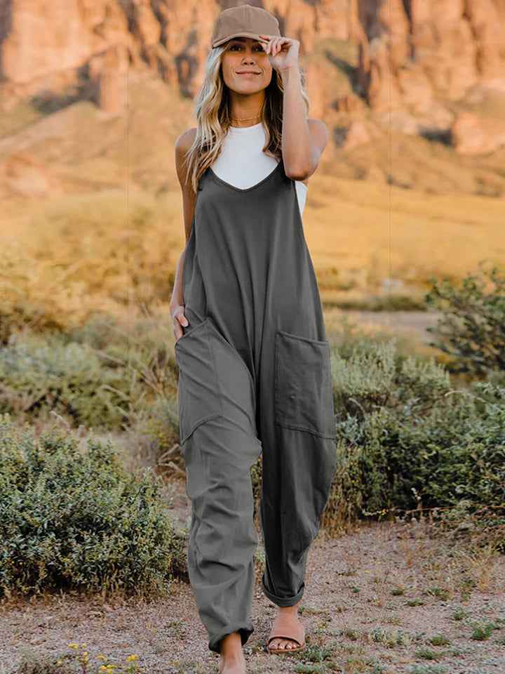 Sleeveless V-Neck Cotton Blend Pocketed Jumpsuit in Dark Gray