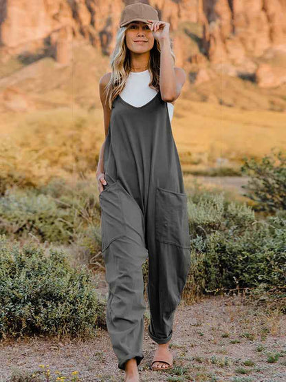 Sleeveless V-Neck Cotton Blend Pocketed Jumpsuit in Dark Gray