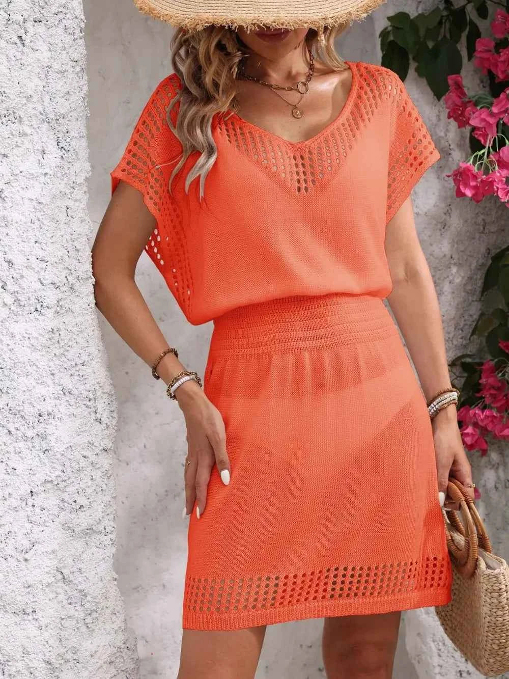 Openwork V-Neck Short Sleeve Cover-Up Dress