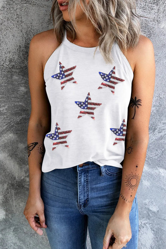 Sequin US Flag Star Grecian Neck Tank — Livostyle