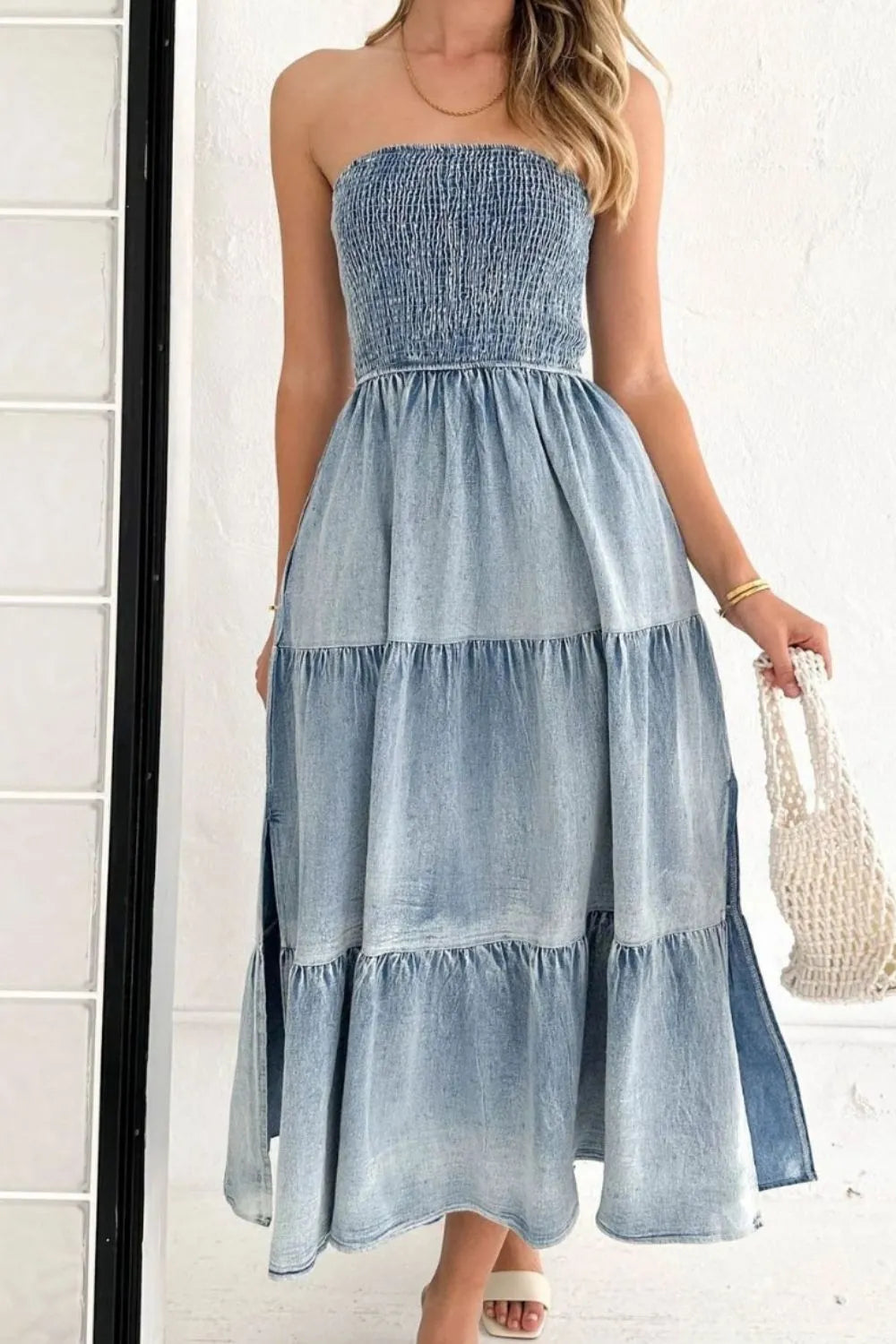 Smocked Tube Slit Tiered Denim Dress back view — Livostyle