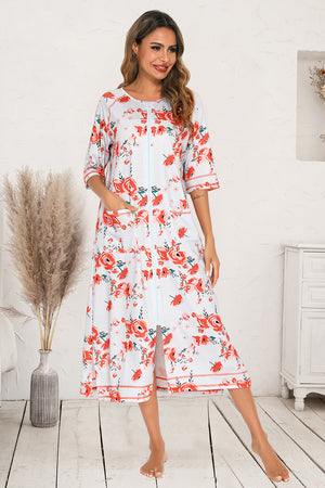 Printed Slit Midi Night Dress with Pockets in Burnt Coral