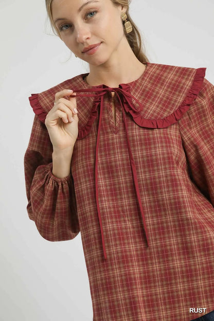 Full Size Plaid Ruffle Collar Blouse Plus Size closeup — Livostyle