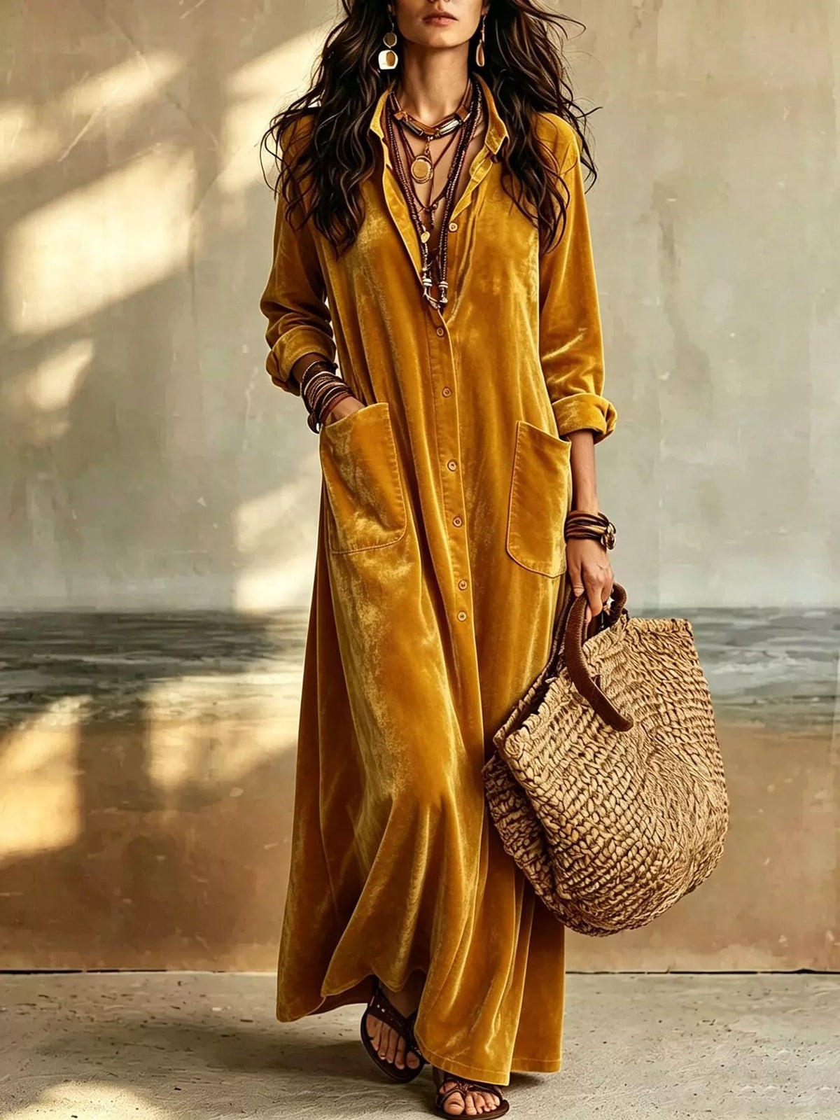Velvet Button-Down Maxi Dress with Pockets in Ochre