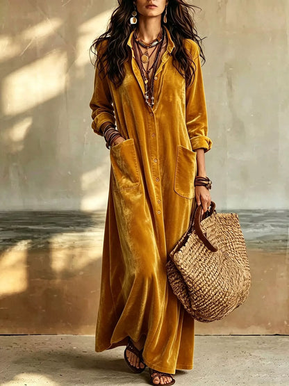 Velvet Button-Down Maxi Dress with Pockets in Ochre