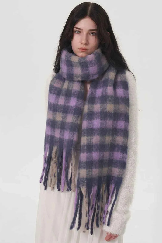 Fringe Plaid Polyester Scarf