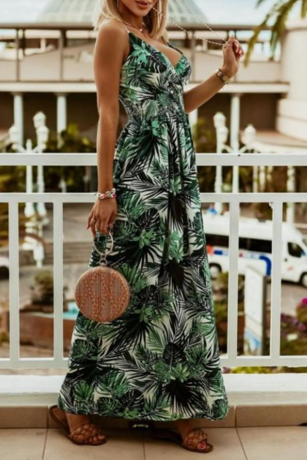Printed Smocked Ruched Spaghetti Strap Maxi Dress