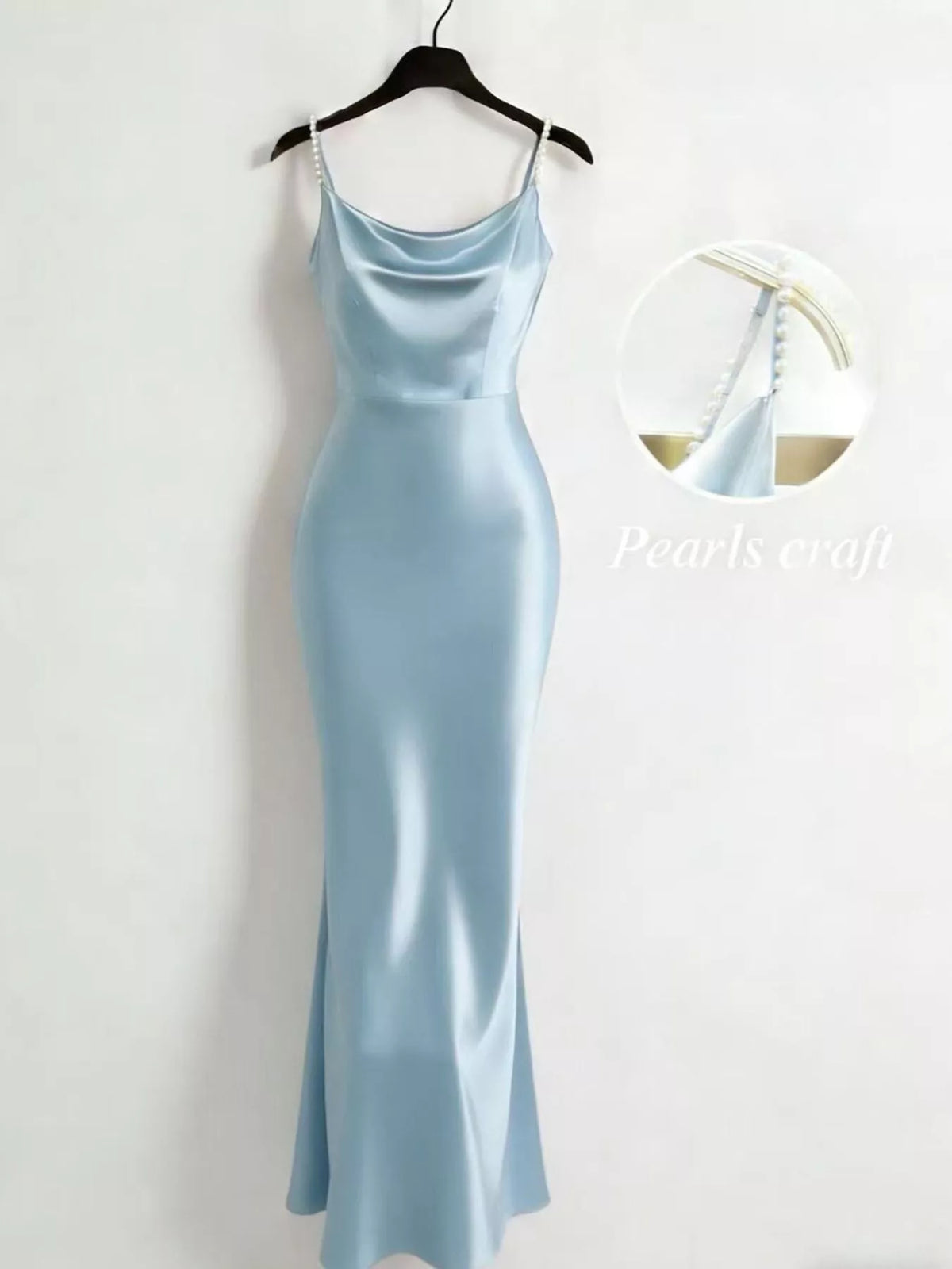 Lined Pearl Strap Cowl Neck Satin Maxi Dress in Light Blue