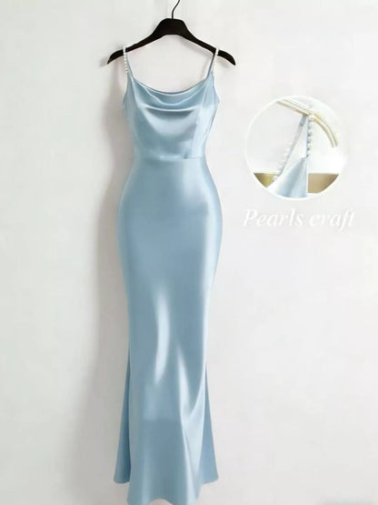 Lined Pearl Strap Cowl Neck Satin Maxi Dress in Light Blue