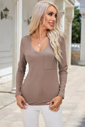 Ribbed V-Neck Long Sleeve Blouse with Pocket — Livostyle