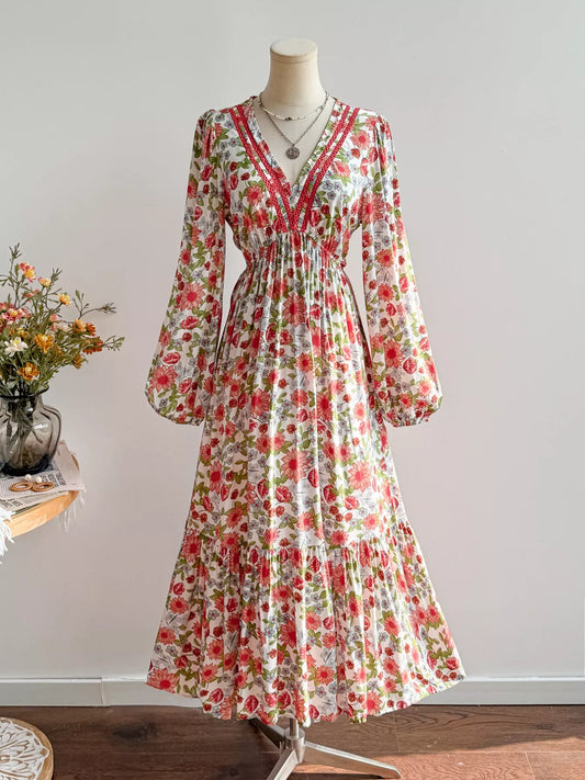 Floral Print V-Neck Bohemian Ruched Midi Dress