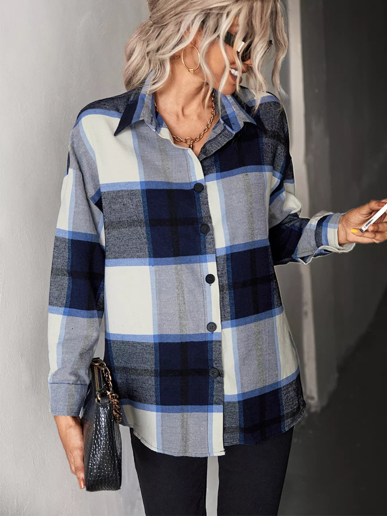 Plaid Button-Down Long Sleeve Shirt back view — Livostyle