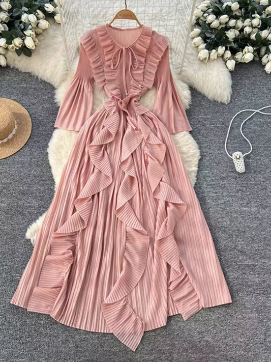 Ruffled A-Line Midi Dress with Lace-Up Detail in Pink