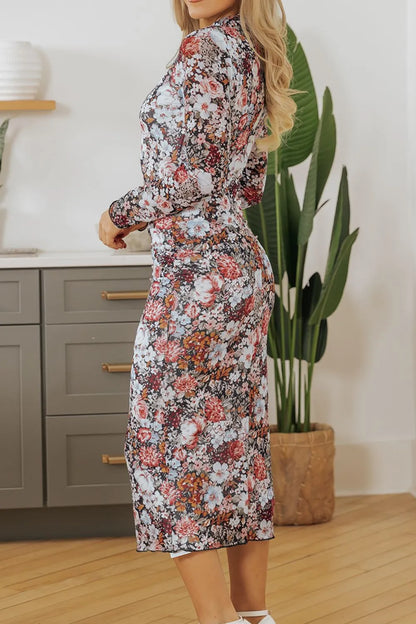 Printed Slim Long Sleeve Midi Dress