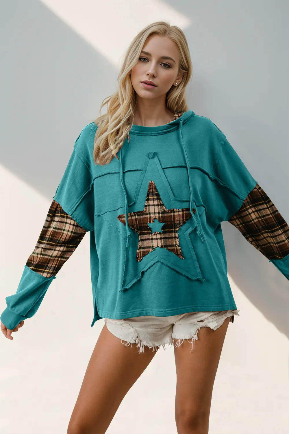 Double Take Drawstring Plaid Star Patch Long Sleeve Hoodie — Livostyle