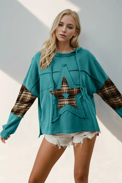 Double Take Drawstring Plaid Star Patch Long Sleeve Hoodie — Livostyle