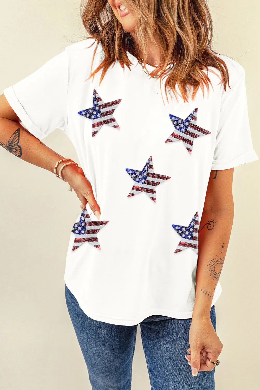 Sequin Star Round Neck Short Sleeve T-Shirt in White