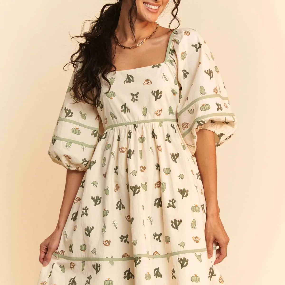 Whimsical Cactus Print Mini Dress with Contrast Piping — square view — Livostyle