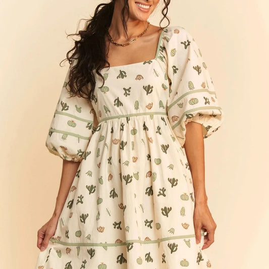 Whimsical Cactus Print Mini Dress with Contrast Piping — square view — Livostyle
