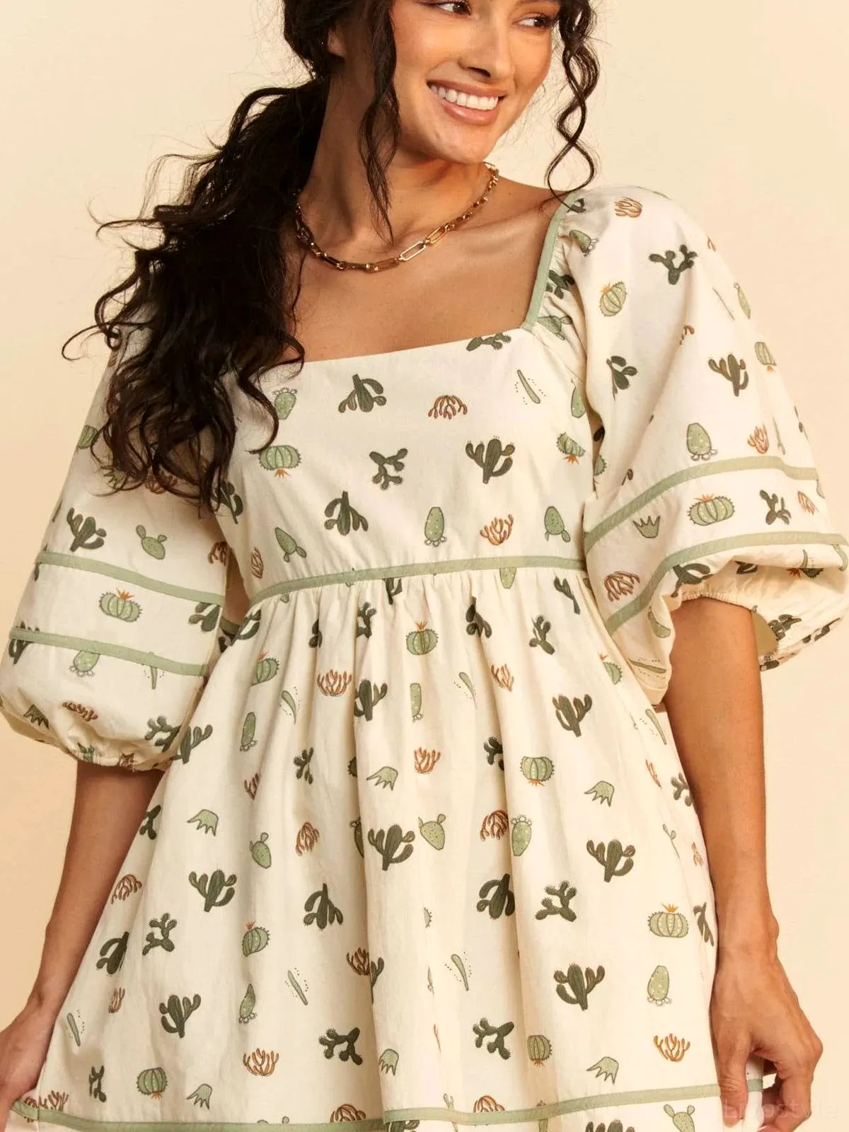 Whimsical Cactus Print Mini Dress with Contrast Piping — detail view — Livostyle