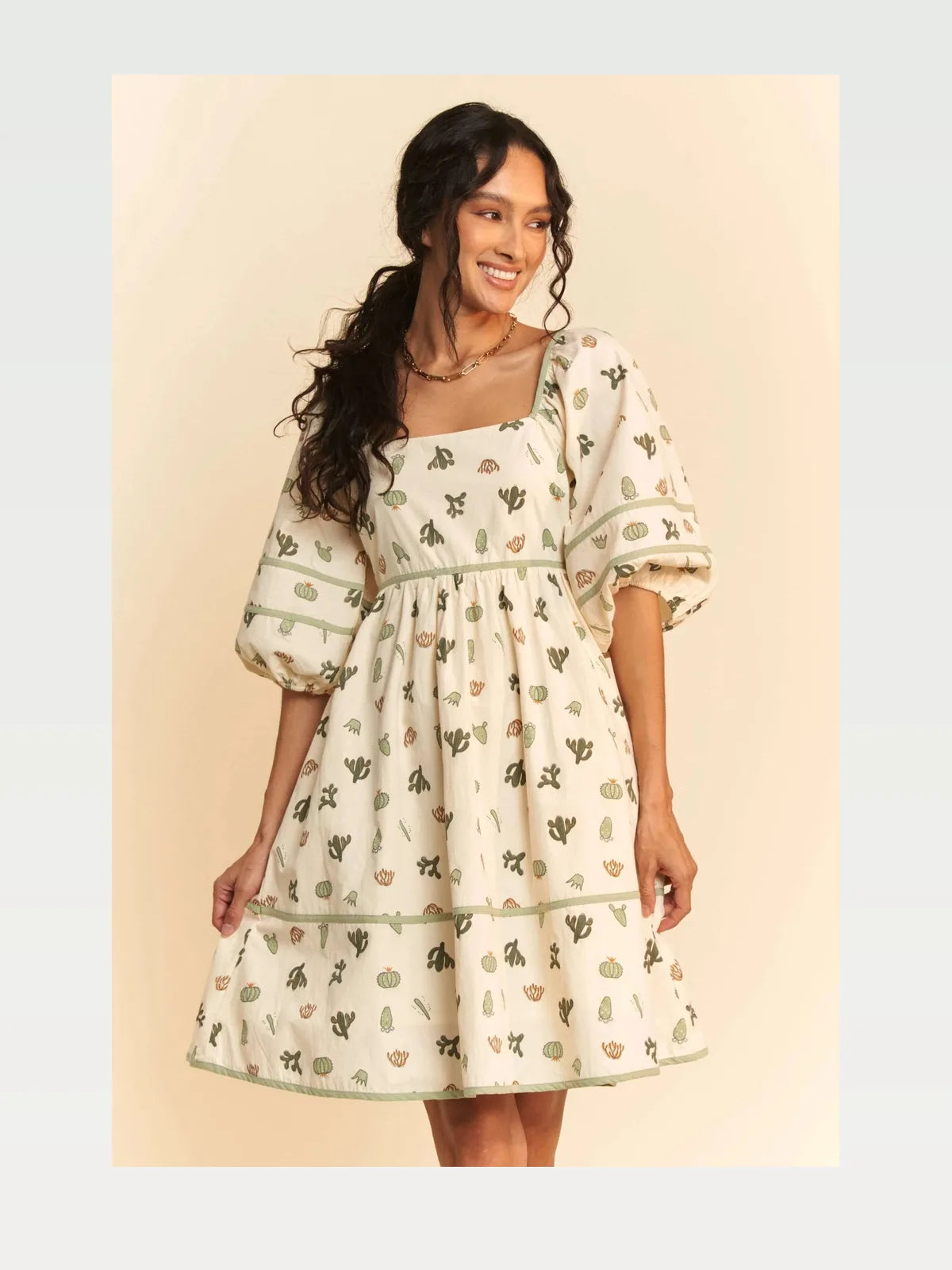 Whimsical Cactus Print Mini Dress with Contrast Piping — styled showcase — Livostyle