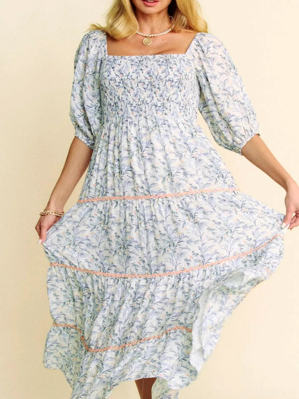 Chic Tiered Midi Dress with Contrast Smocking Detail — detail view — Livostyle