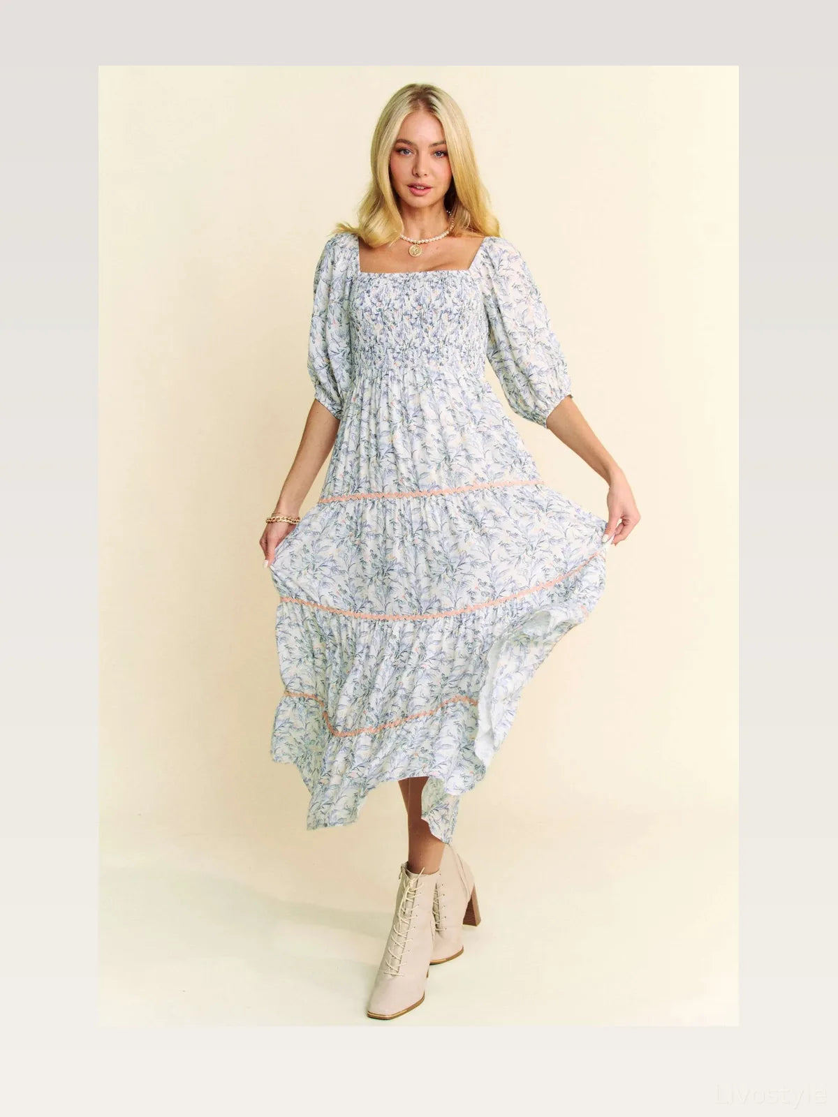 Chic Tiered Midi Dress with Contrast Smocking Detail — styled showcase — Livostyle
