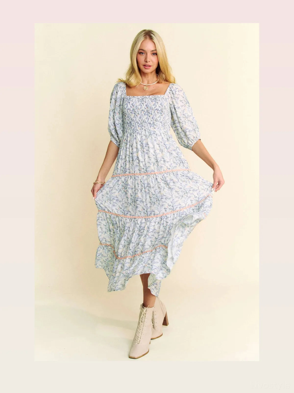 Chic Tiered Midi Dress with Contrast Smocking Detail — styled showcase — Livostyle