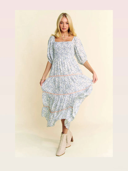 Chic Tiered Midi Dress with Contrast Smocking Detail — styled showcase — Livostyle