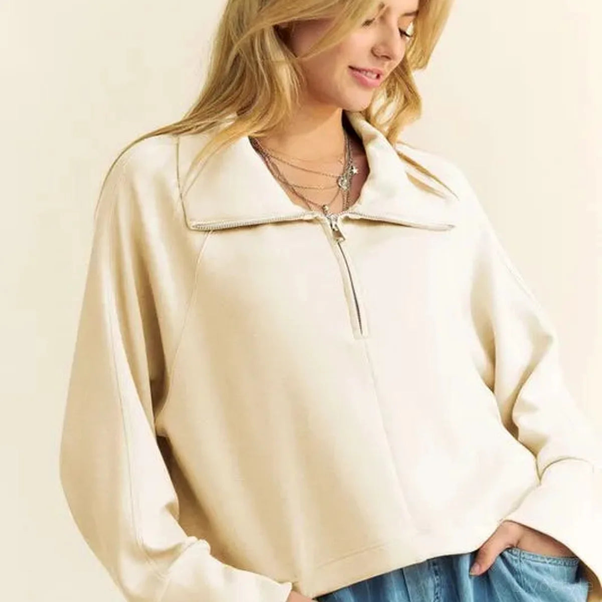 Half-Zip Raglan Sweatshirt with Adjustable Drawstring Hem — square view — Livostyle