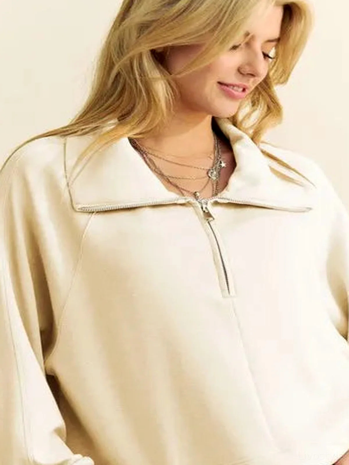 Half-Zip Raglan Sweatshirt with Adjustable Drawstring Hem — detail view — Livostyle