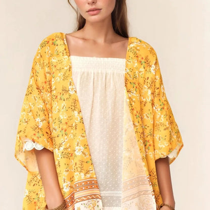Boho Floral Kimono Beach Cover Up with Scalloped Trim — square view — Livostyle