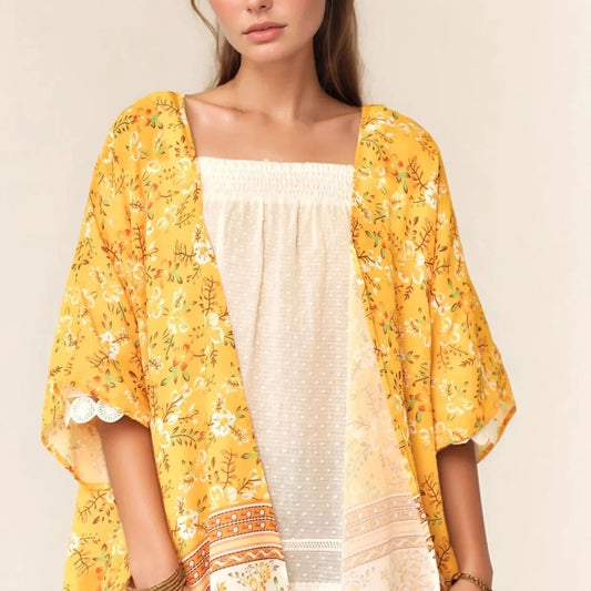 Boho Floral Kimono Beach Cover Up with Scalloped Trim — square view — Livostyle