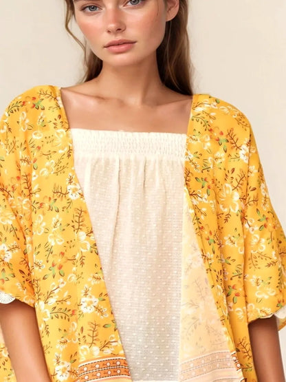 Boho Floral Kimono Beach Cover Up with Scalloped Trim — detail view — Livostyle
