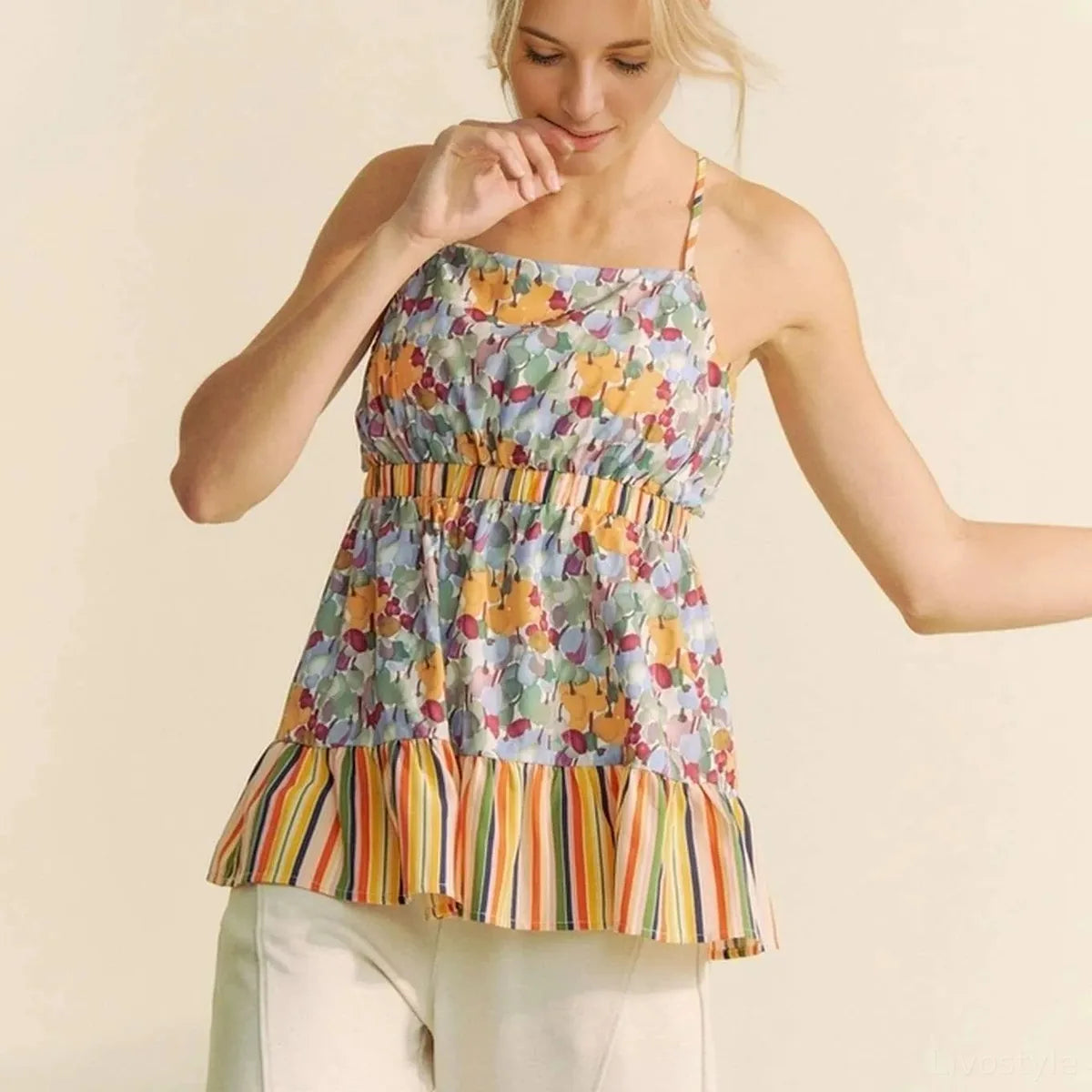 Floral Sleeveless Smocked Top with Ruffle Trim and Back Tie