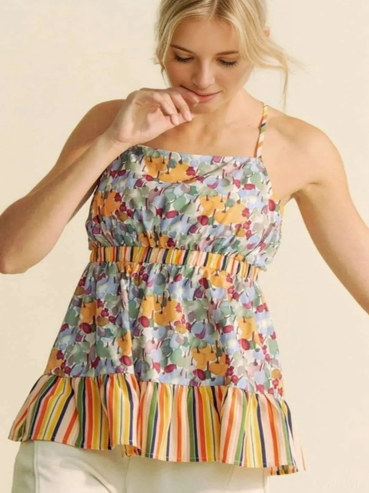 Floral Sleeveless Smocked Top with Ruffle Trim and Back Tie – photo 2