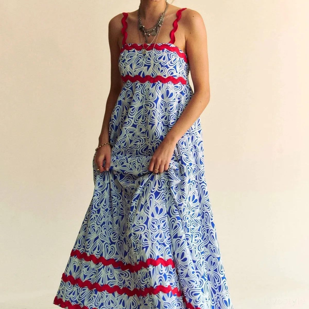 Velvet-Trimmed Smocked Midi Dress — square view — Livostyle